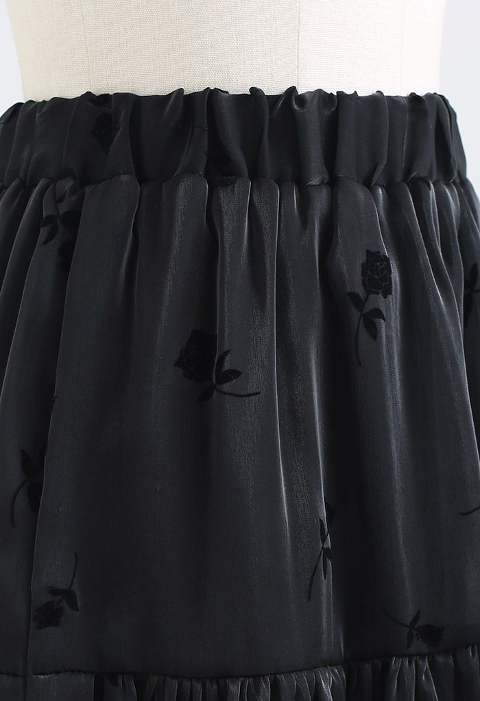 Velvet Rose Shimmer Organza Midi Skirt in Black