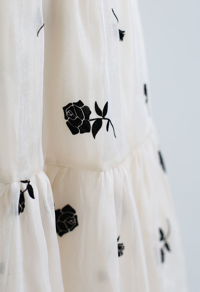 Velvet Rose Shimmer Organza Midi Skirt in Cream