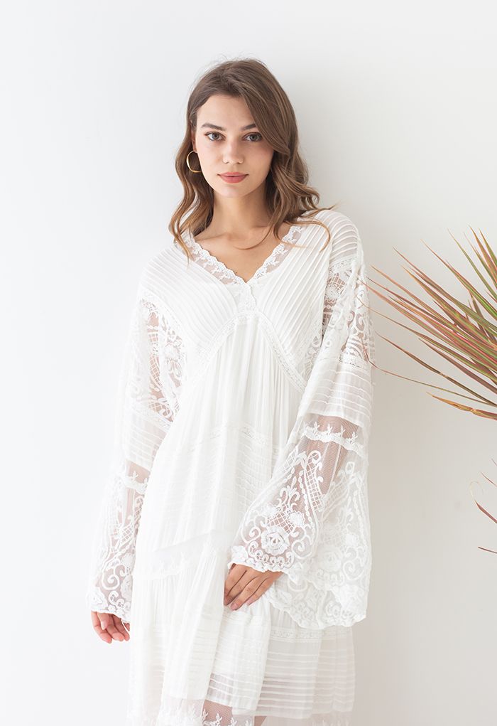 Flare Sleeve Embroidered Floral Lacy Maxi Dress