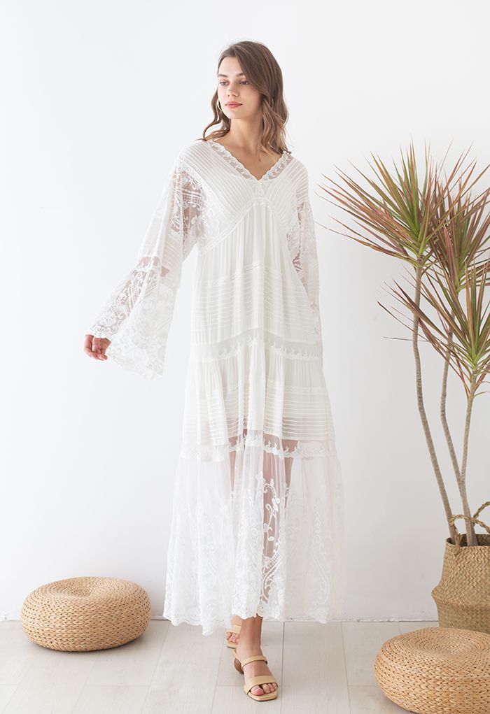 Flare Sleeve Embroidered Floral Lacy Maxi Dress