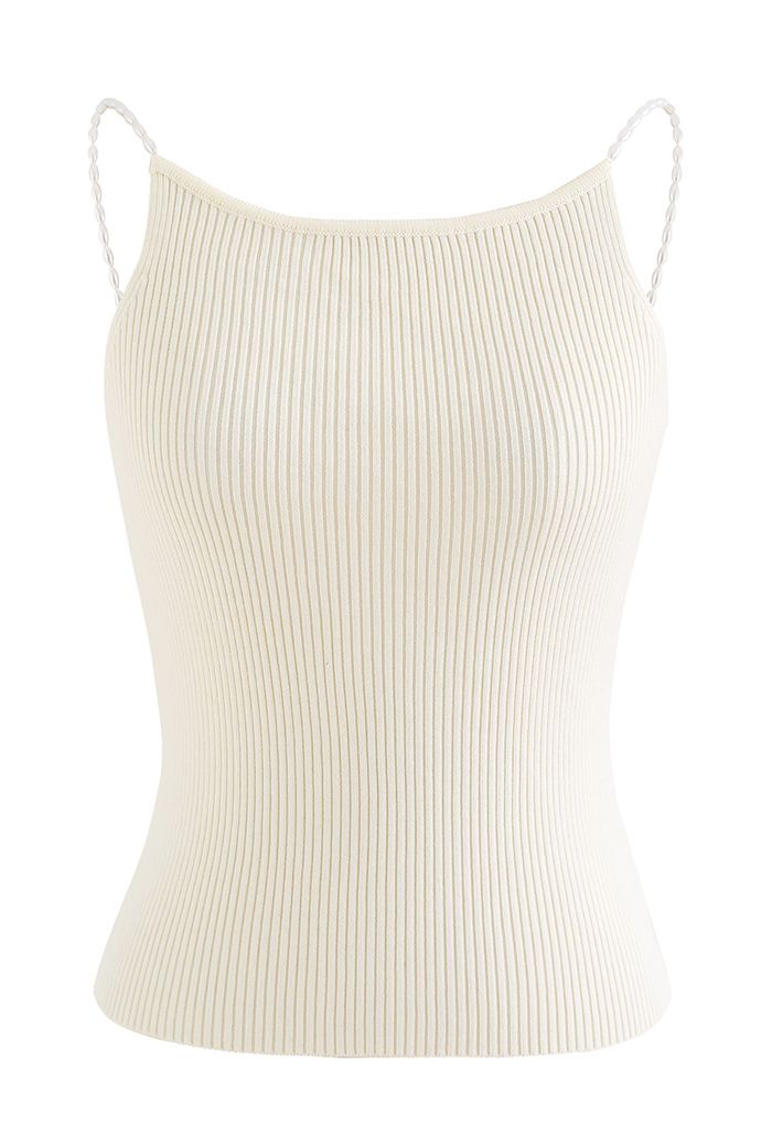 Pearl Straps Knit Cami Tank Top in Yellow