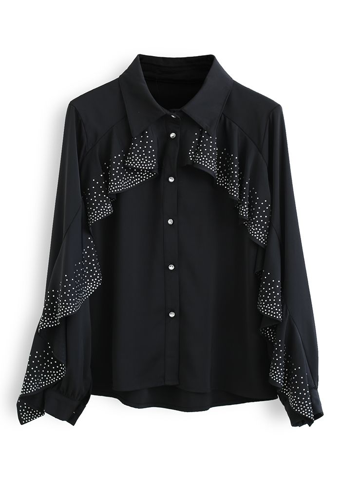 Crystal Ruffle Sleeve Satin Shirt in Black