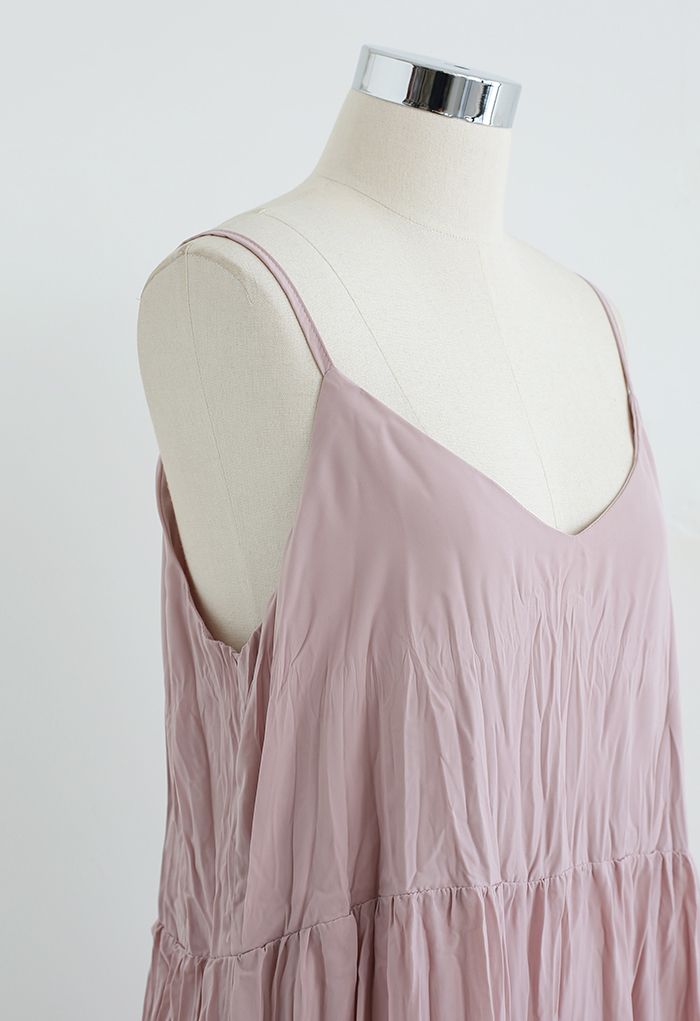 Ruched Frilly Asymmetric Hem Cami Dress in Pink