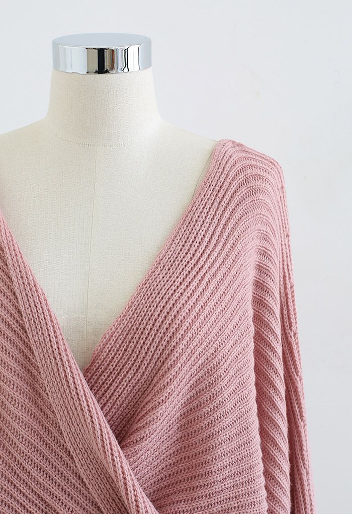 Twisted Front Batwing Sleeve Knit Sweater in Pink