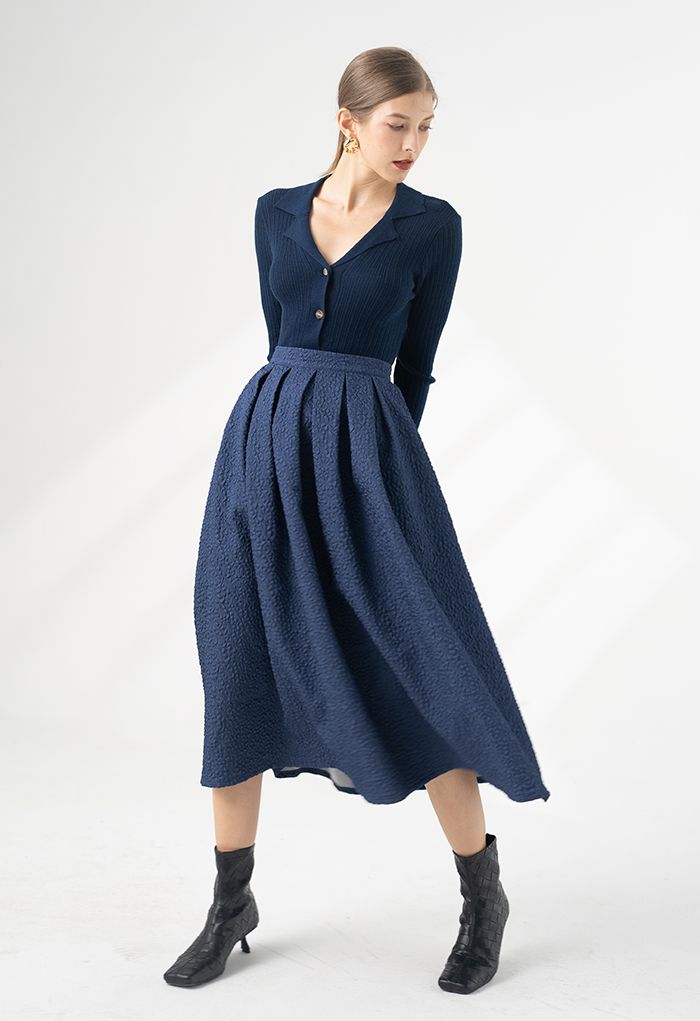 Bubble Embossed Pleated Skirt in Navy