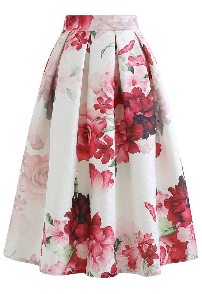 Blushing Peony Pleated Jacquard A-Line Skirt