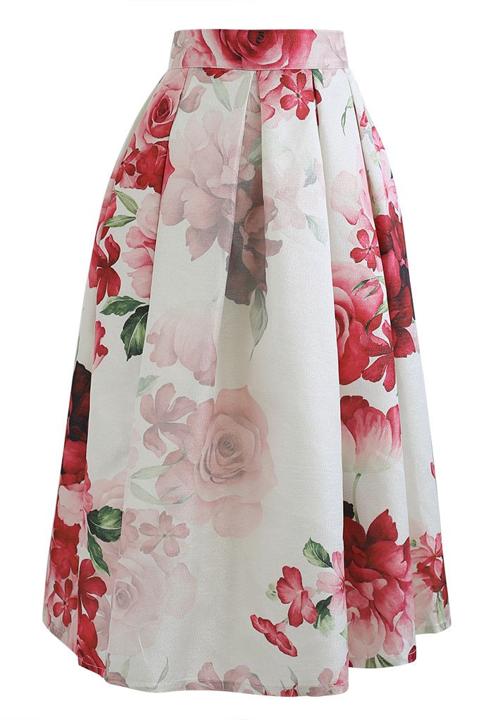 Blushing Peony Pleated Jacquard A-Line Skirt