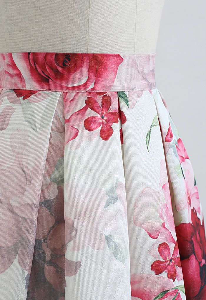 Blushing Peony Pleated Jacquard A-Line Skirt