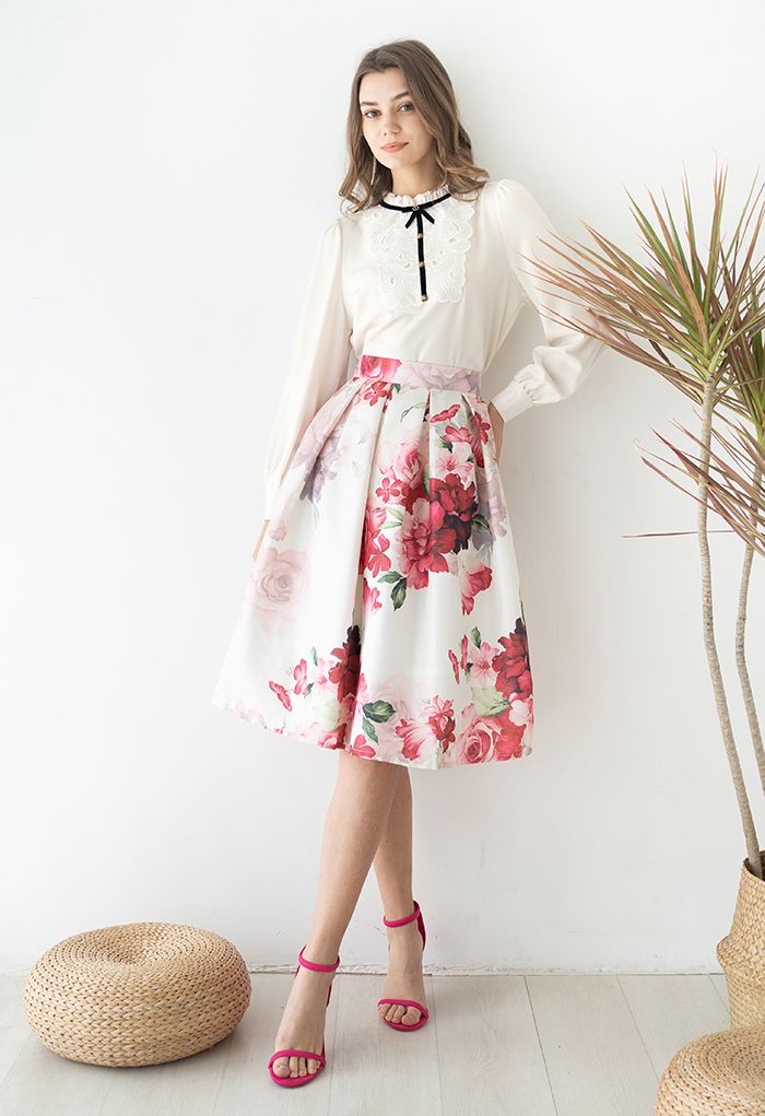 Blushing Peony Pleated Jacquard A-Line Skirt