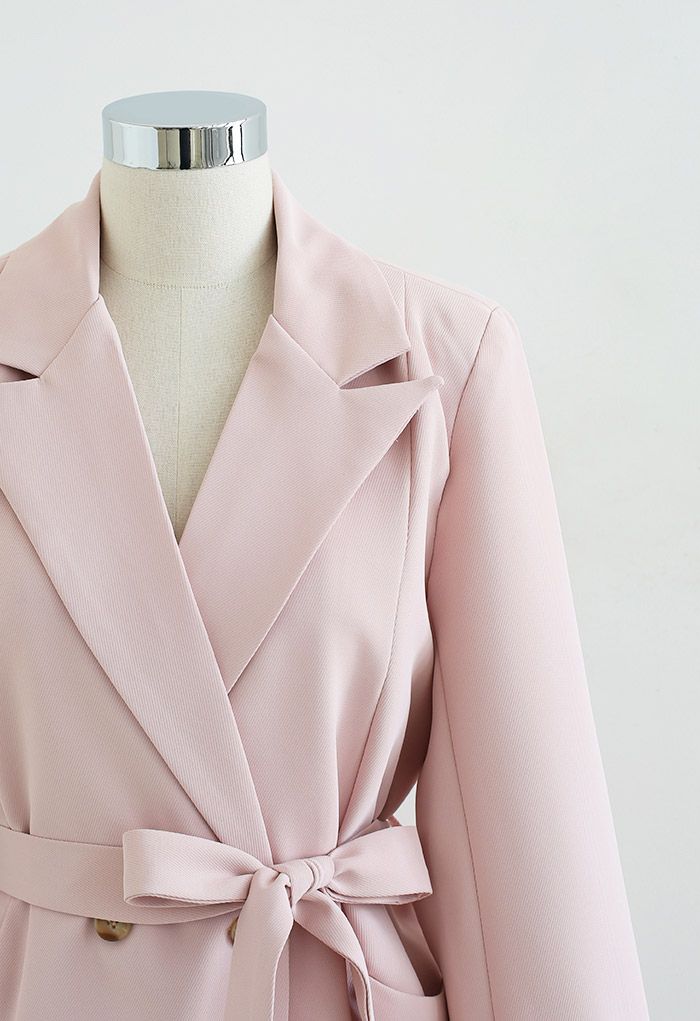 Gentle Tie-Waist Front Pocket Buttoned Blazer in Pink