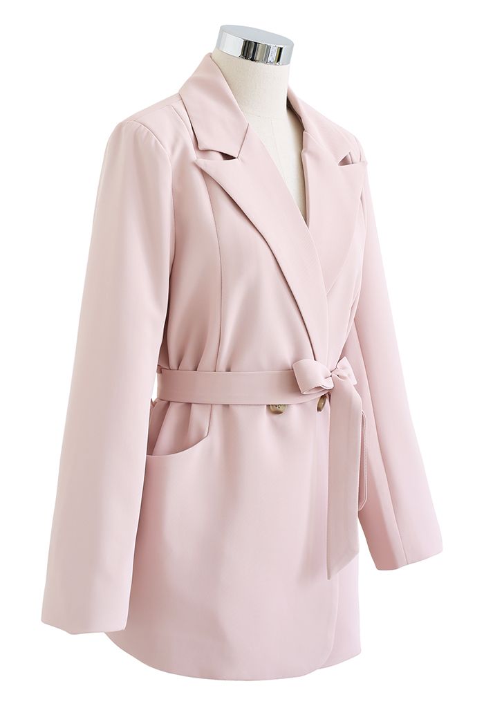 Gentle Tie-Waist Front Pocket Buttoned Blazer in Pink