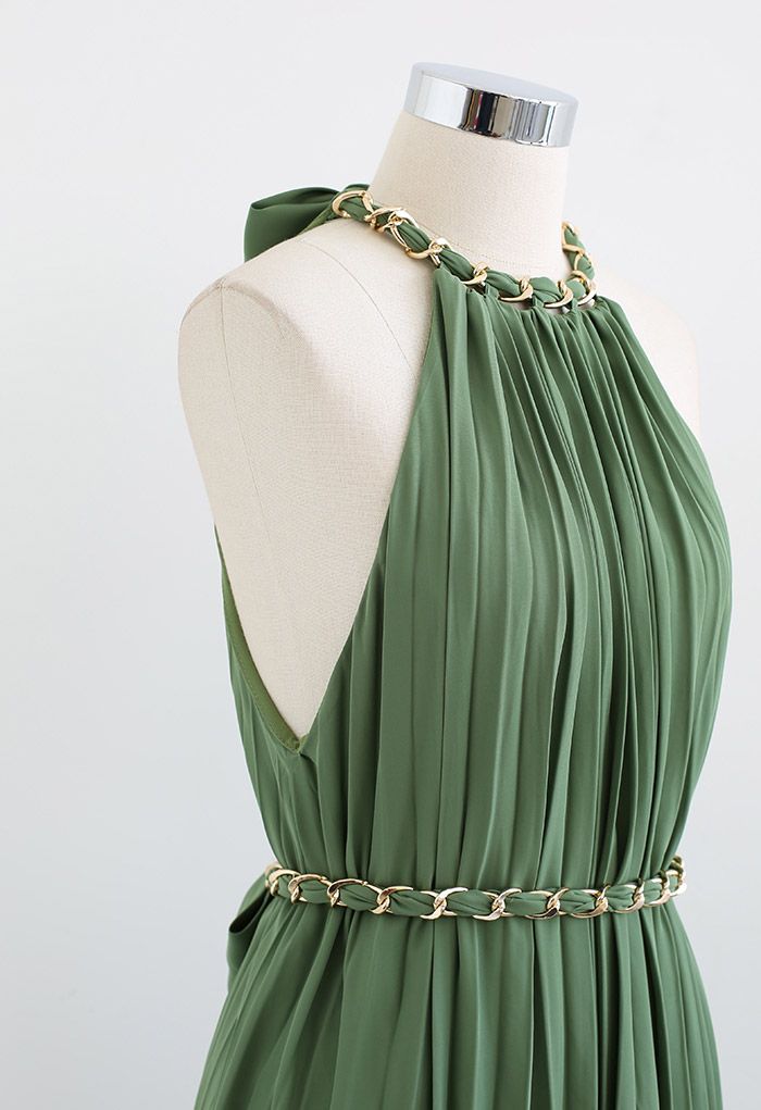 Golden Chain Halter Neck Pleated Maxi Dress in Green