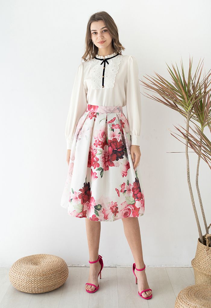 Blushing Peony Pleated Jacquard A-Line Skirt