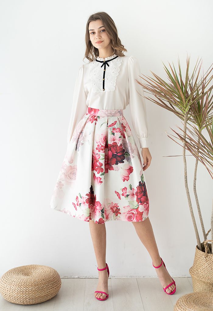 Blushing Peony Pleated Jacquard A-Line Skirt