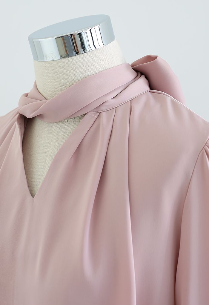 Twisted V-Neck Bowknot Satin Shirt in Pink