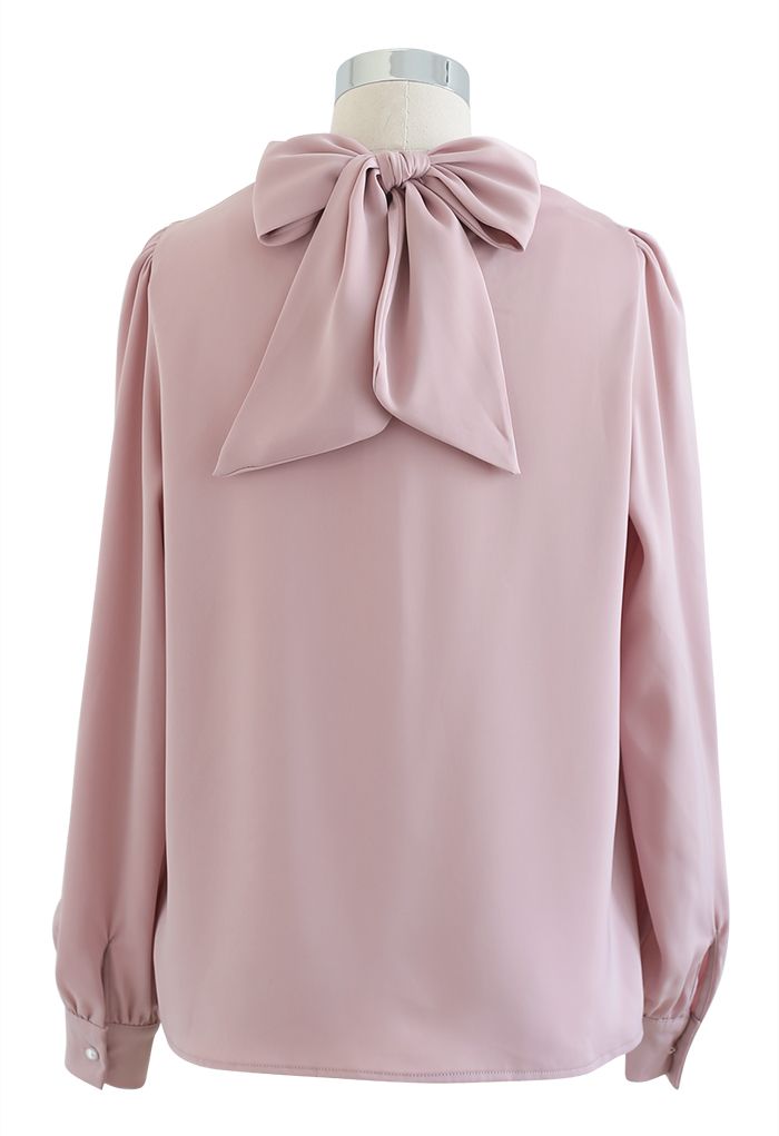 Twisted V-Neck Bowknot Satin Shirt in Pink