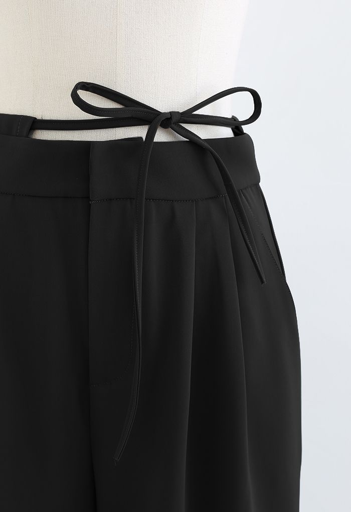 Self-Tie String Wide-Leg Pants in Black