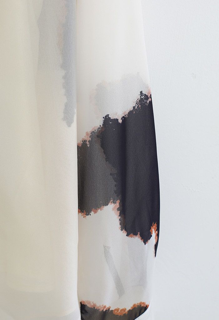 Inky Painting Ruffle Trim Button Down Shirt in Cream