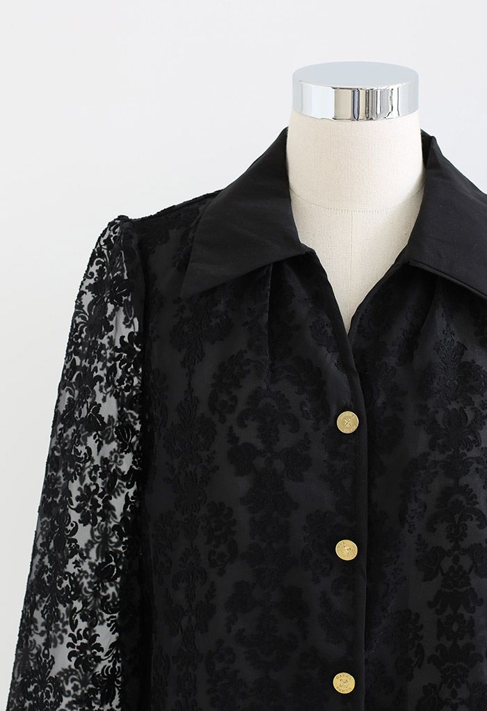 Floral Jacquard Semi-Sheer Organza Shirt in Black