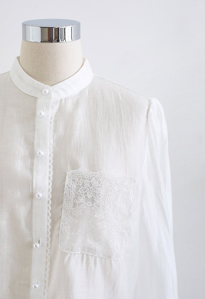 Floral Mesh Inserted Semi-Sheer Shirt in White