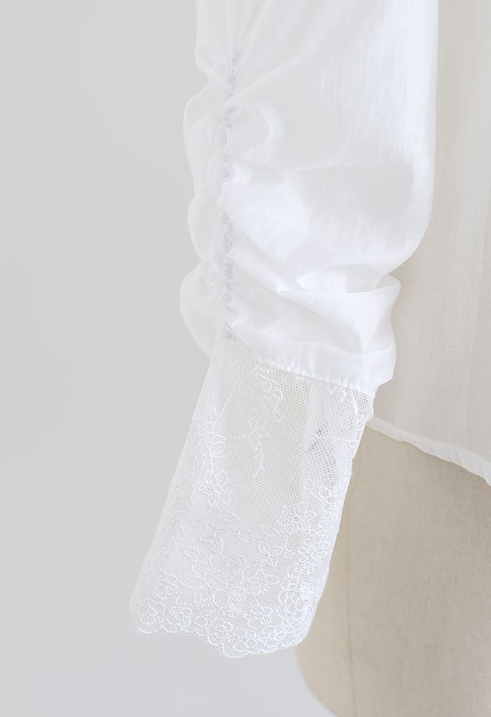 Floral Mesh Inserted Semi-Sheer Shirt in White