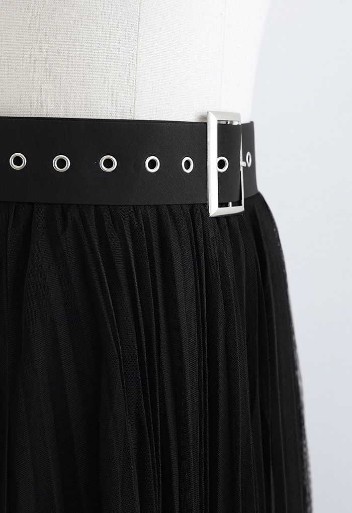Full Pleated Double-Layered Mesh Midi Skirt in Black
