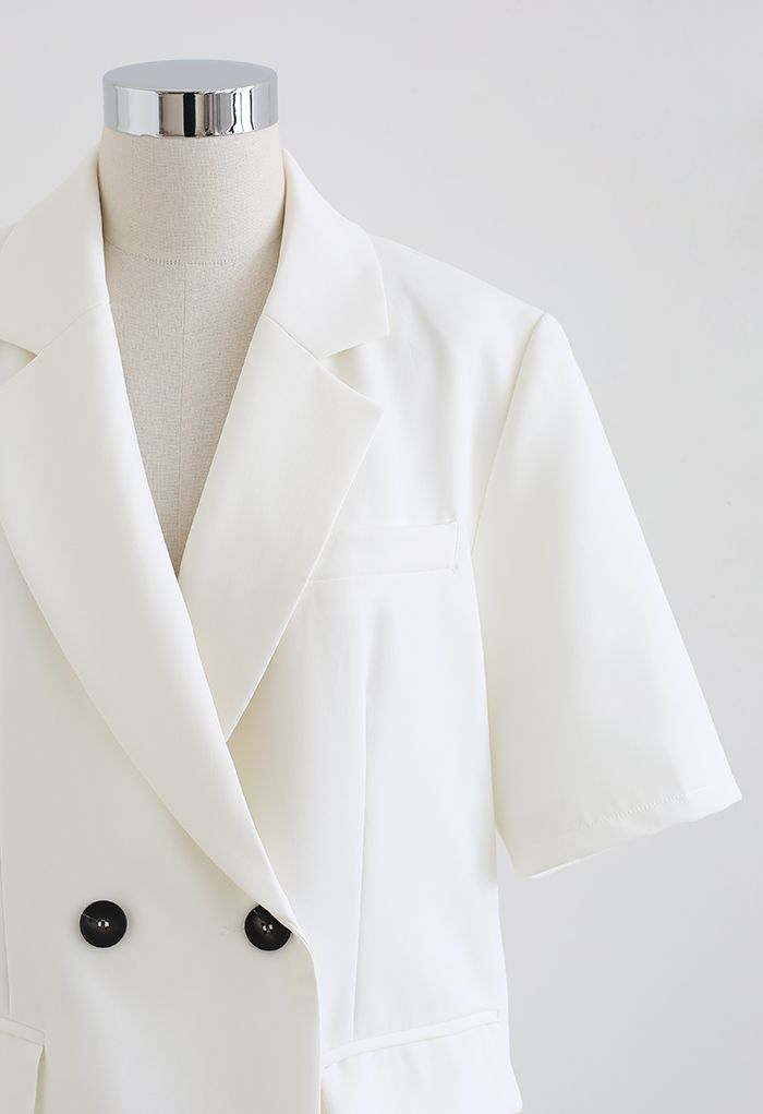 Classy Pad Shoulder Short-Sleeve Blazer in White