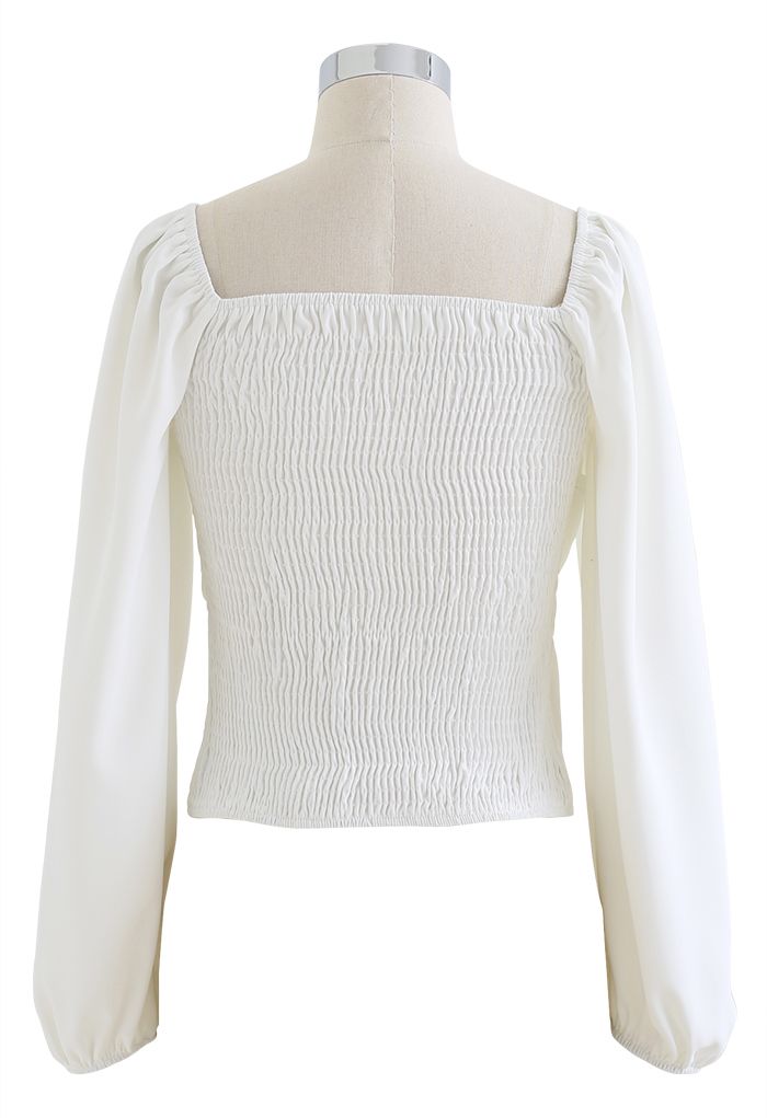Sweetheart Neck Shirred Back Crop Top in White