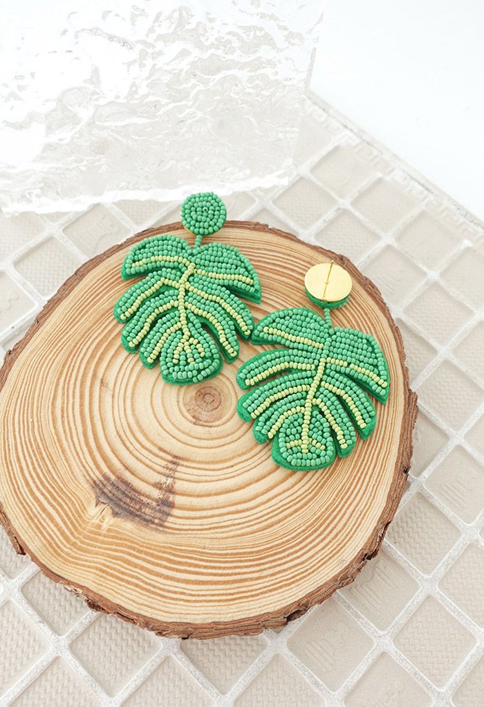 Beaded Tropical Leaf Earrings