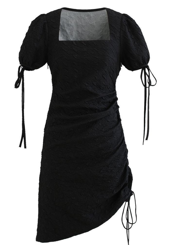 Side Ruched Embossed Bodycon Mini Dress in Black