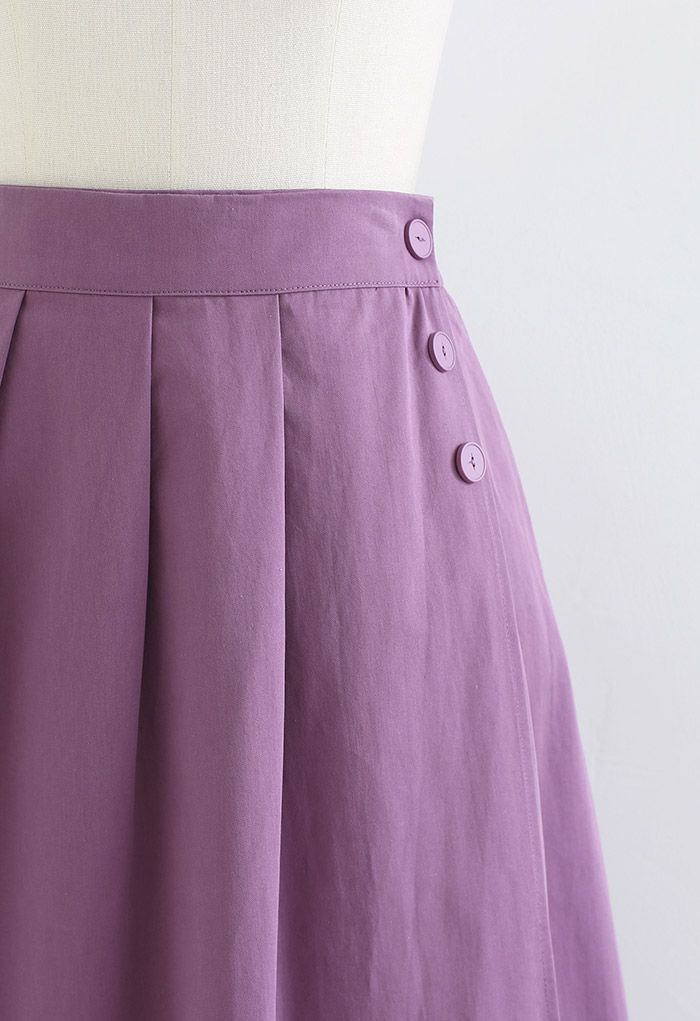 Button Trim Side Pocket Flap Midi Skirt in Purple