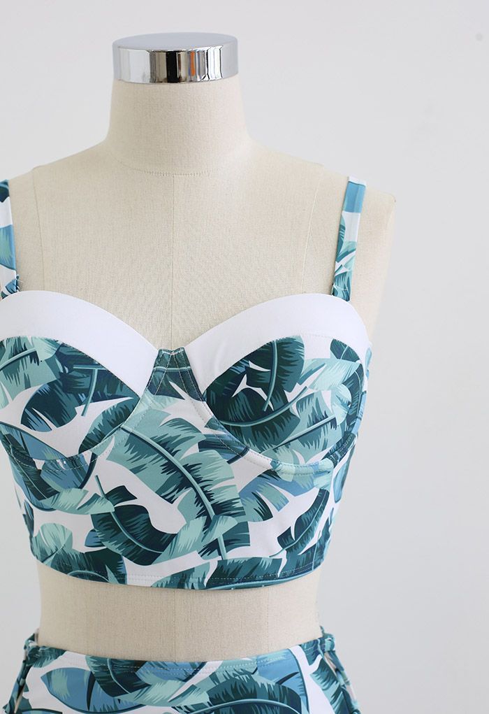 Leaf Print Lace-Up Back Bikini Set