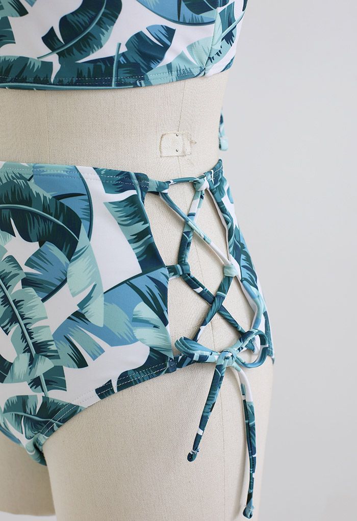 Leaf Print Lace-Up Back Bikini Set