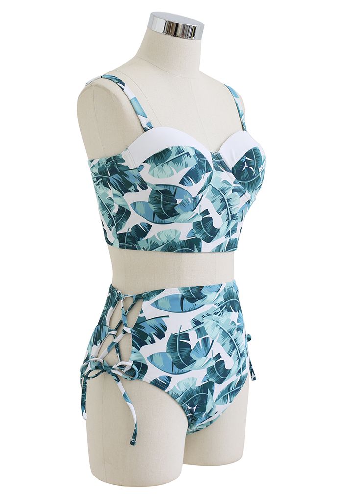 Leaf Print Lace-Up Back Bikini Set