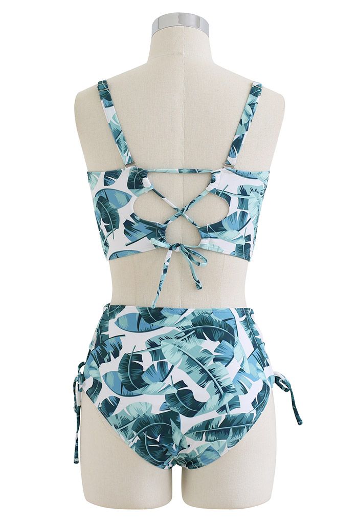 Leaf Print Lace-Up Back Bikini Set