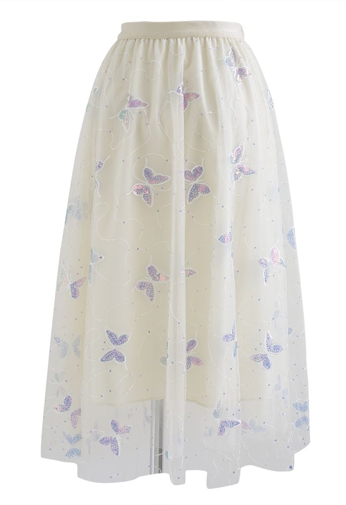 Sequin Butterfly Embroidered Mesh Tulle Skirt in Cream