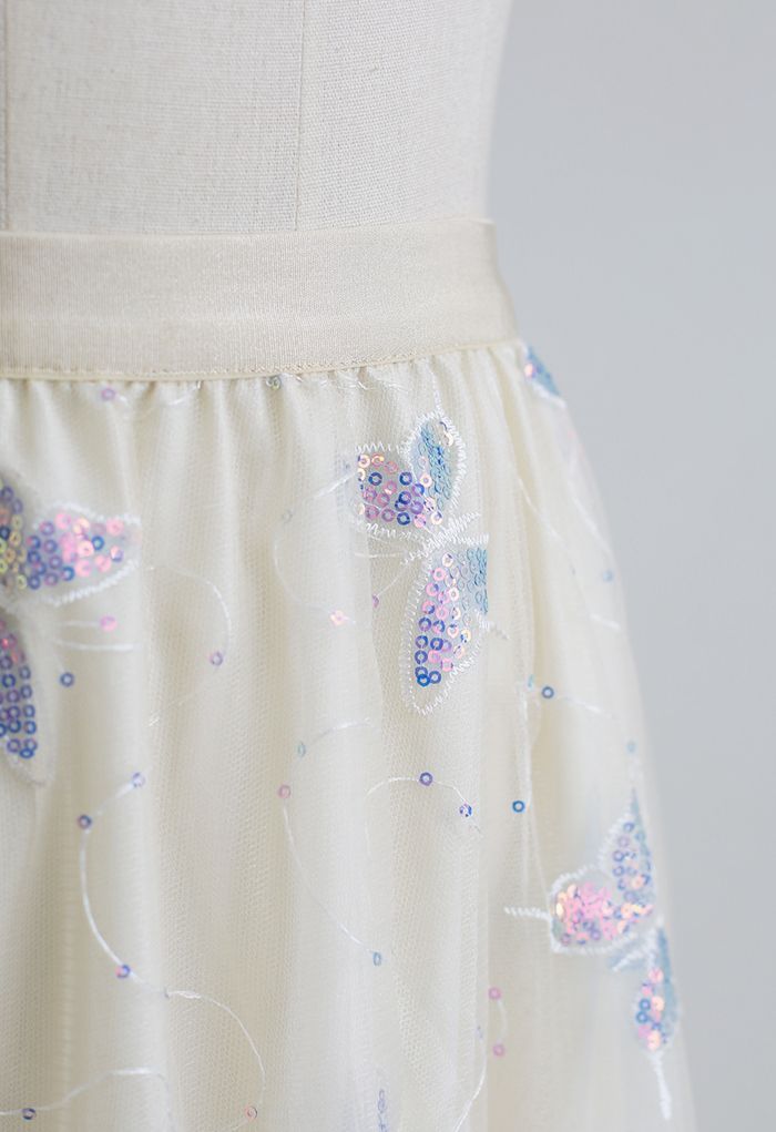 Sequin Butterfly Embroidered Mesh Tulle Skirt in Cream