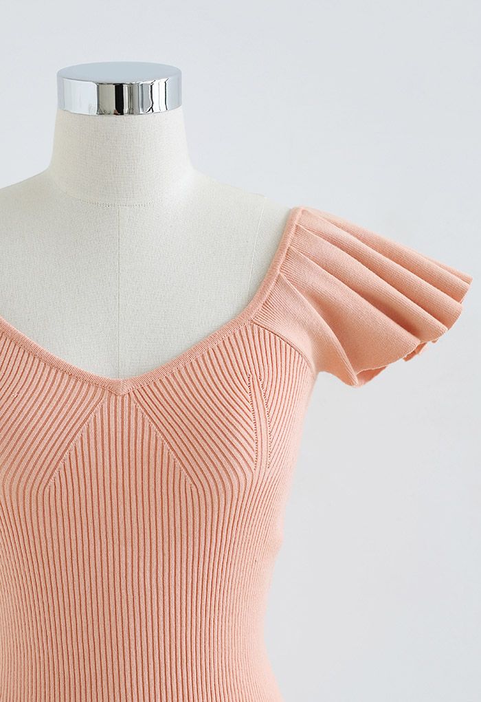 Flutter Sleeve Fitted Ribbed Knit Top in Coral