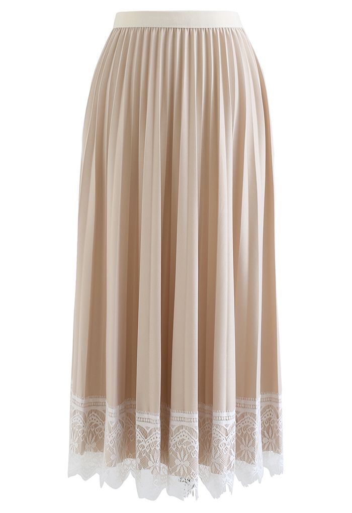 Lacy Raw-Cut Hem Pleated Skirt in Light Tan