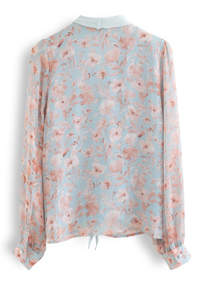Peach Blossom Bowknot Scarf Chiffon Shirt