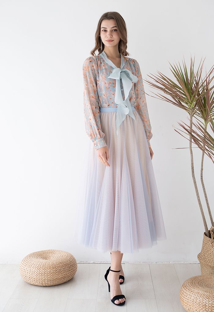 Mixture Color Panelled Tulle Maxi Skirt in Light Blue