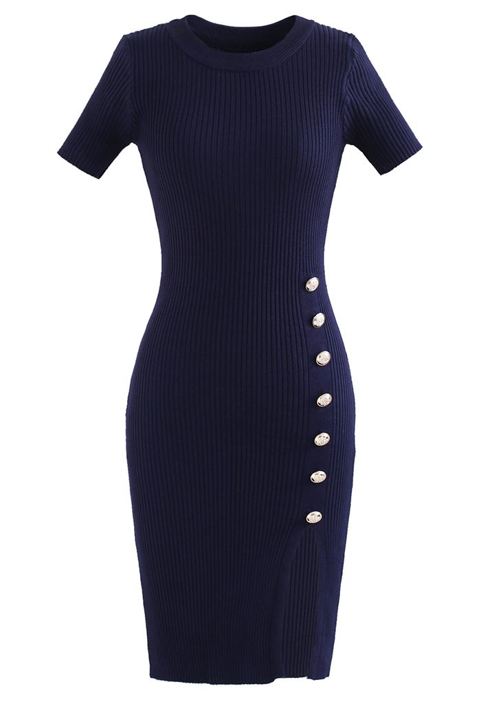 Button Embellished Slit Bodycon Knit Dress in Navy