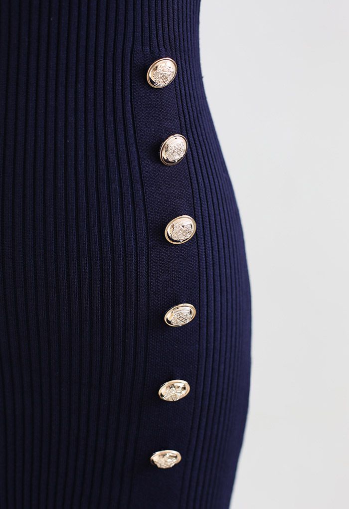 Button Embellished Slit Bodycon Knit Dress in Navy