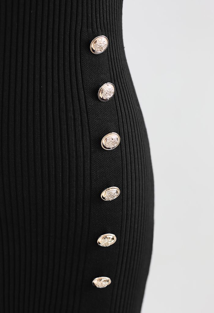 Button Embellished Slit Bodycon Knit Dress in Black