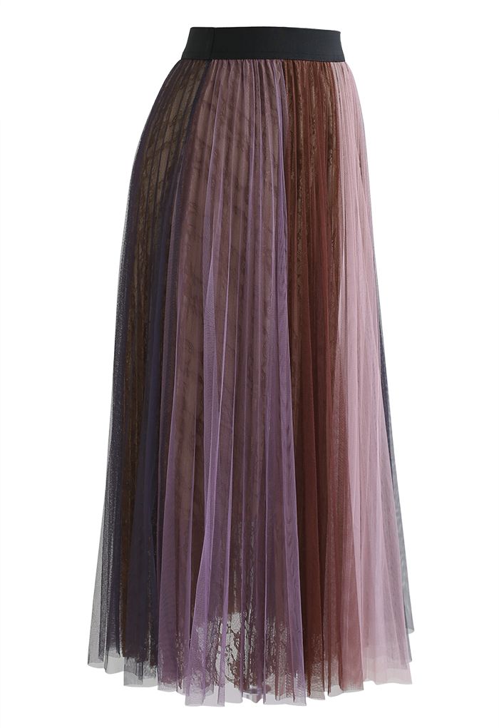 Color Blocked Lace Pleated Tulle Skirt in Pink