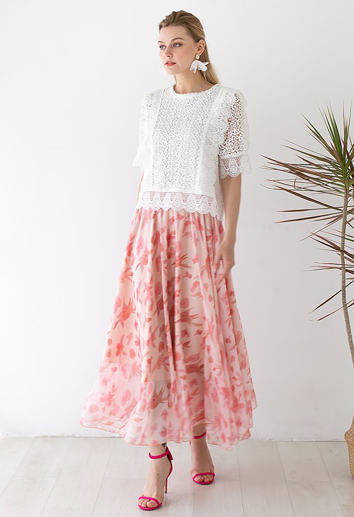Darling Blush Pink Floral Watercolor Maxi Skirt