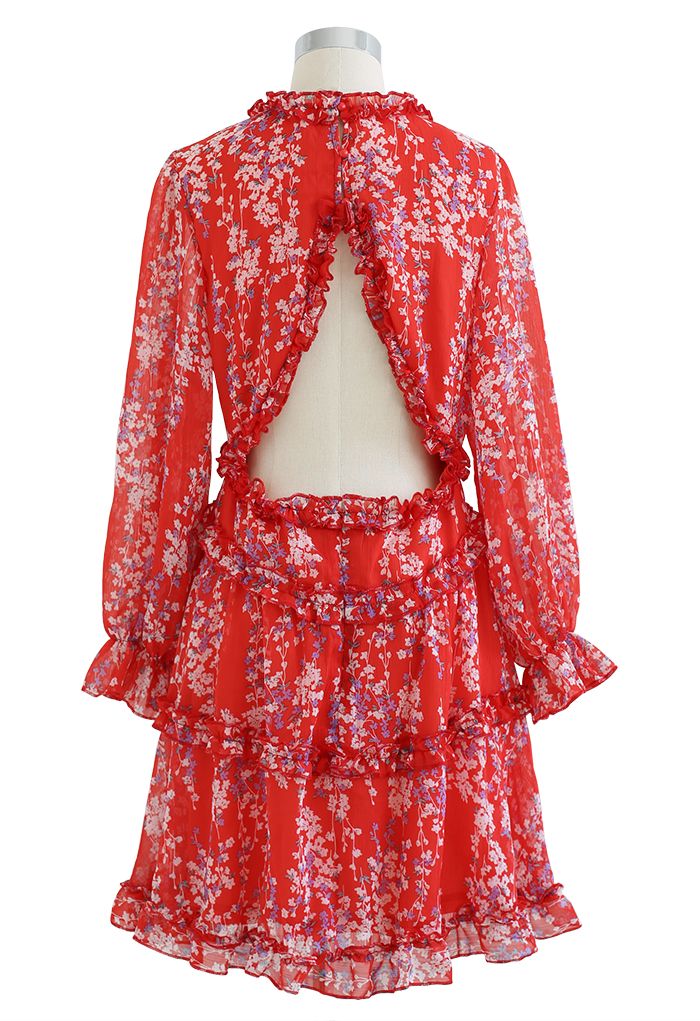 Floral Open Back Ruffle Chiffon Dress in Red