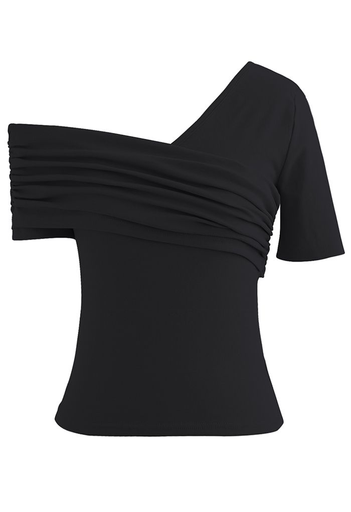 Oblique One-Shoulder Short Sleeve Top in Black