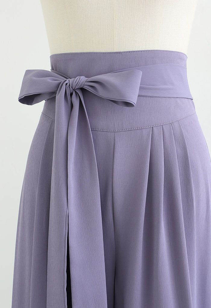 Bowknot High Waist Wide-Leg Pants in Lilac