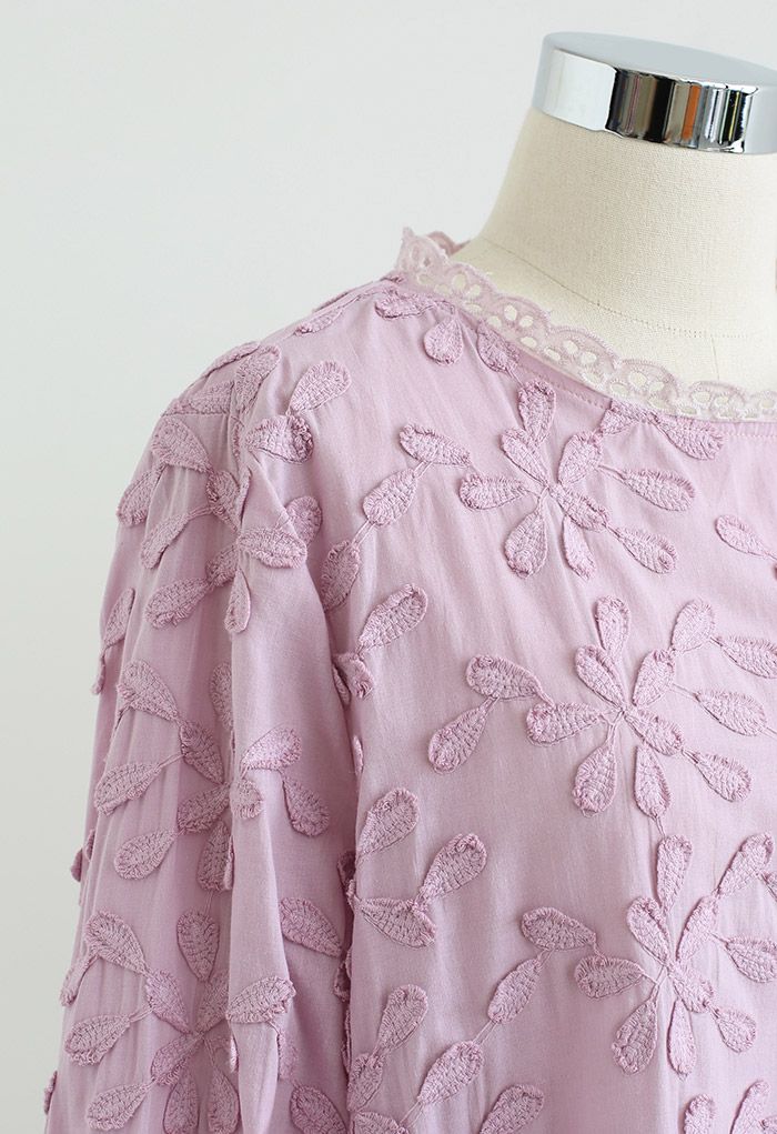 3D Blossom Puff Sleeve Embroidered Cotton Top in Lilac